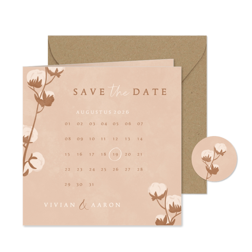 Save the date jubileumkaart met kalender en katoen takje - Kaartimpressie