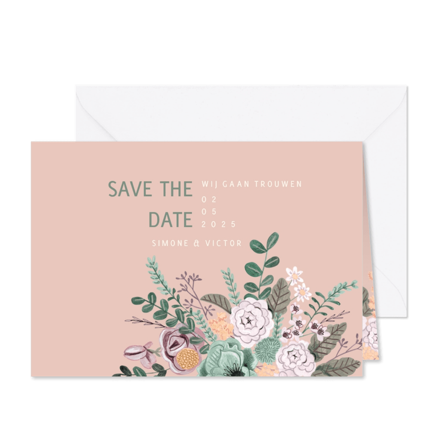 Save the Date kaart blush botanisch bloemen - Kaartimpressie