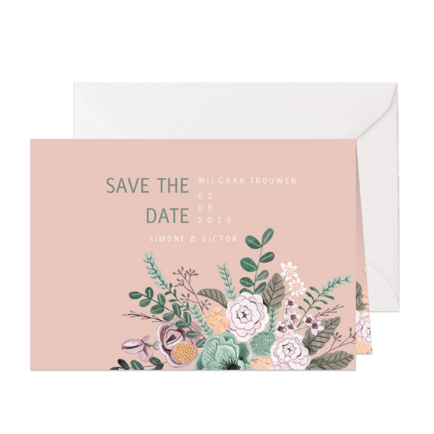 Save the Date kaart blush botanisch bloemen - Kaartimpressie