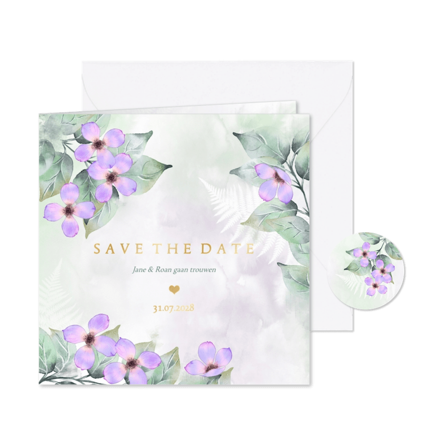 Save the date kaart botanisch lila-roze bloemen - Kaartimpressie