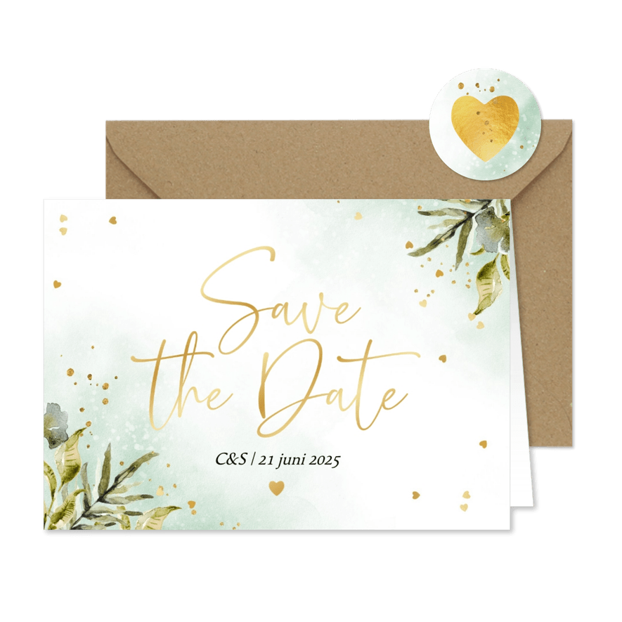 Save the date kaart botanisch watercolor hartjes goud - Kaartimpressie