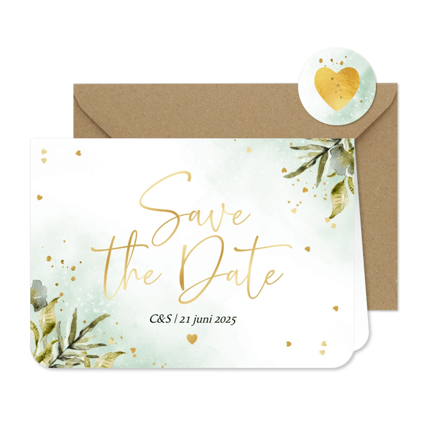 Save the date kaart botanisch watercolor hartjes goud - Kaartimpressie