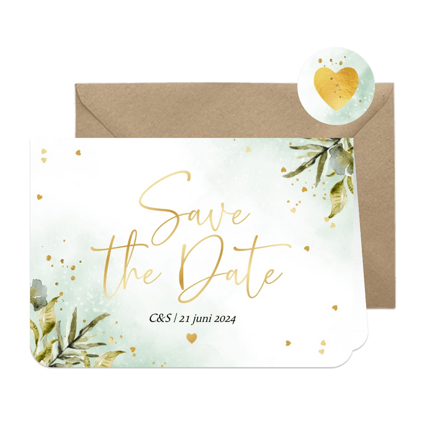 Save the date kaart botanisch watercolor hartjes goud - Kaartimpressie