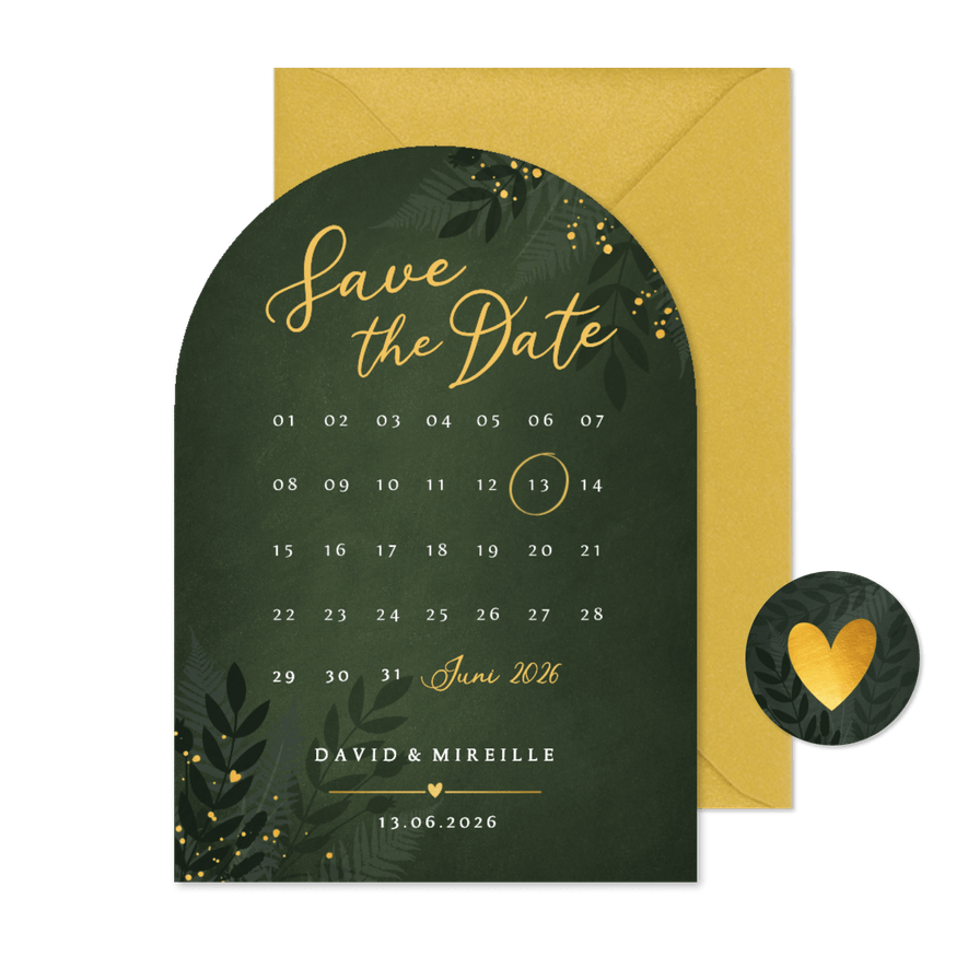 Save the Date kaart botanische jungle boogvorm met kalender - Kaartimpressie