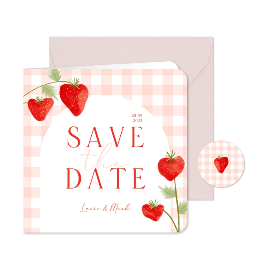 Save the date kaart bruiloft aardbeien roze ruitjes - Kaartimpressie