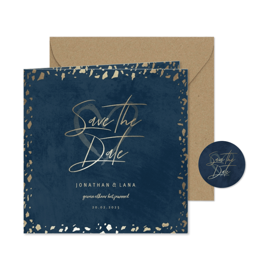 Save the date kaart donkerblauw met terrazzo patroon - Kaartimpressie