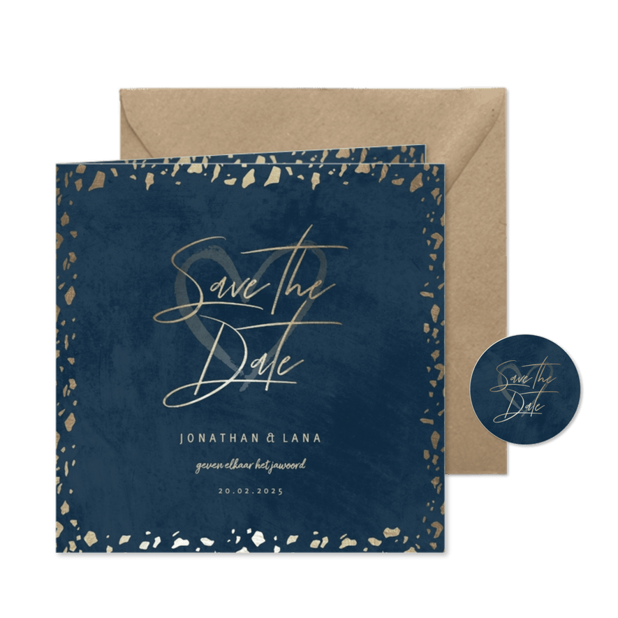 Save the date kaart donkerblauw met terrazzo patroon - Kaartimpressie