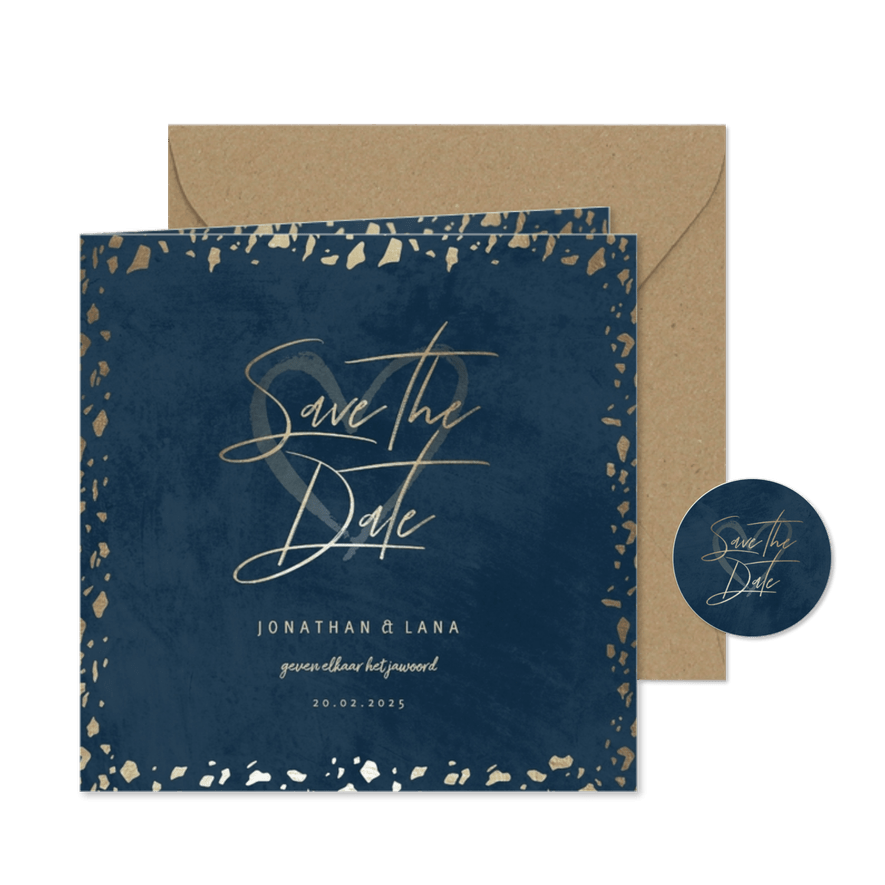 Save the date kaart donkerblauw met terrazzo patroon - Kaartimpressie