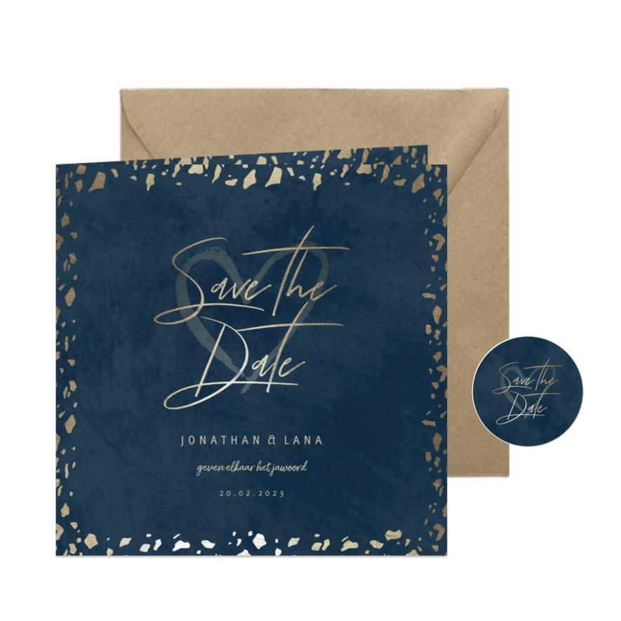 Save the date kaart donkerblauw met terrazzo patroon - Kaartimpressie