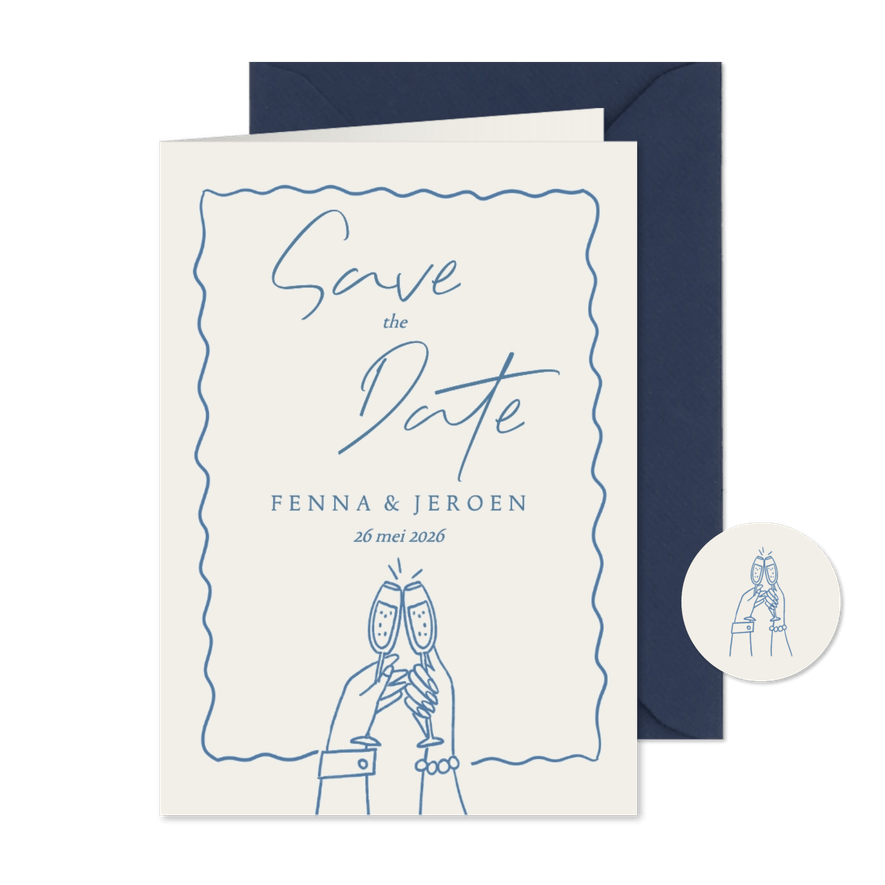 Save the Date kaart doodle tekening armen met champagne - Kaartimpressie