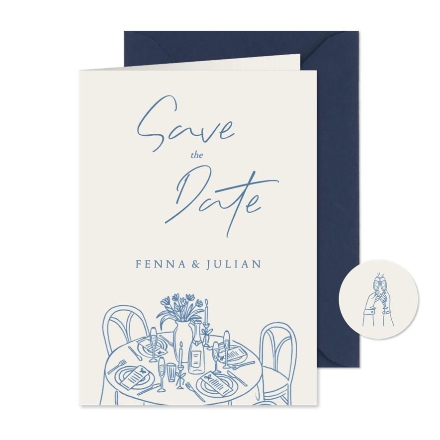 Save the Date kaart doodle tekening gedekte tafel - Kaartimpressie
