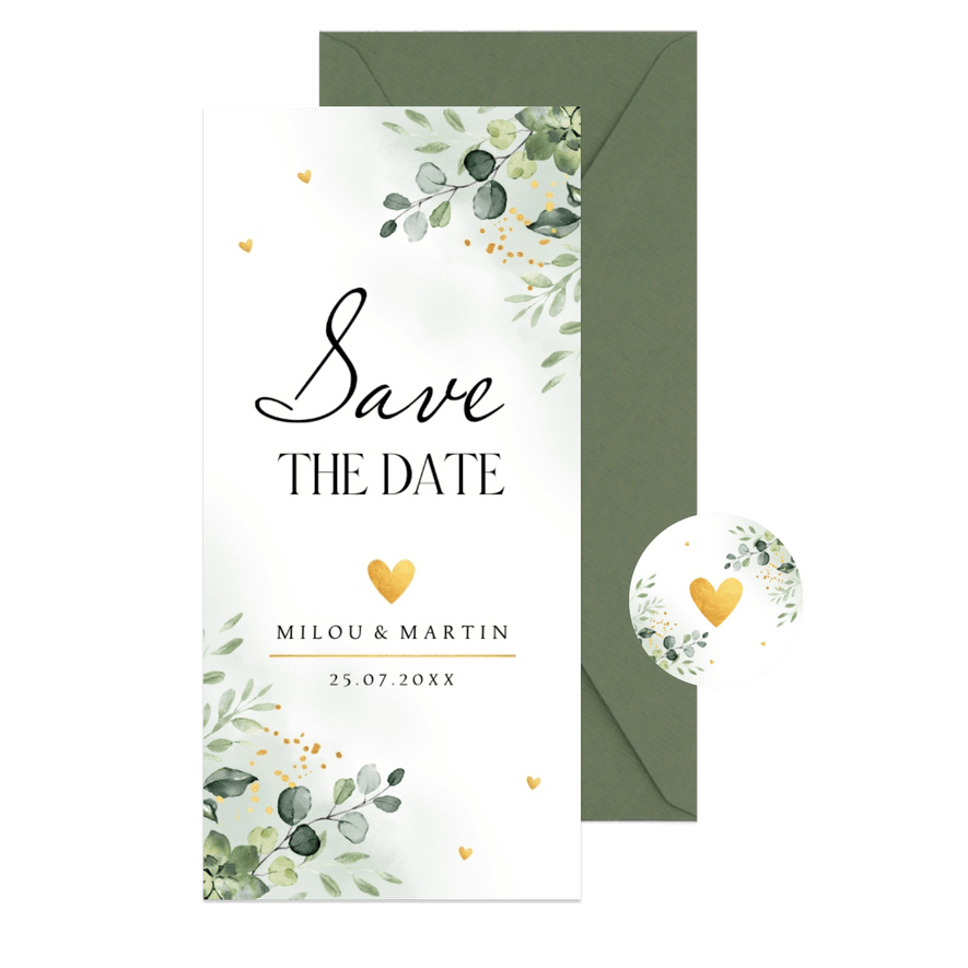 Save the Date kaart floral botanische bladeren groen - Kaartimpressie