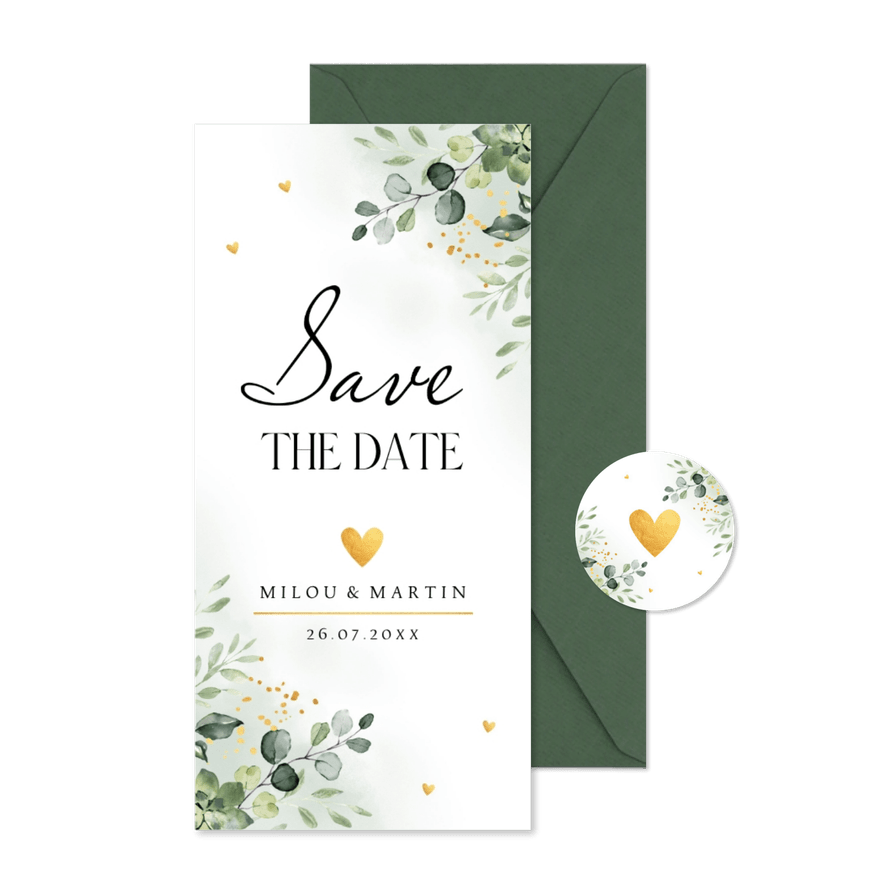 Save the Date kaart floral botanische bladeren groen - Kaartimpressie