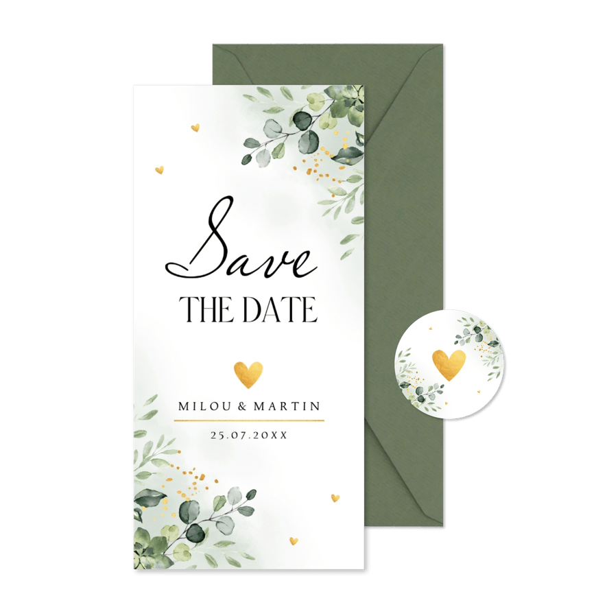 Save the Date kaart floral botanische bladeren groen - Kaartimpressie