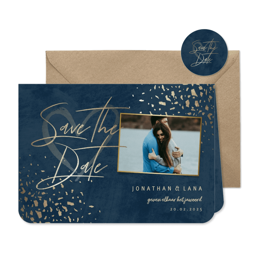 Save the date kaart foto donkerblauw met terrazzo patroon - Kaartimpressie