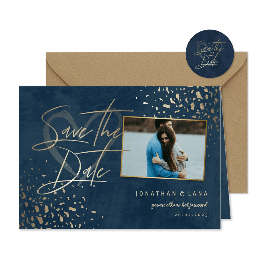 Save the date kaart foto donkerblauw met terrazzo patroon - Kaartimpressie