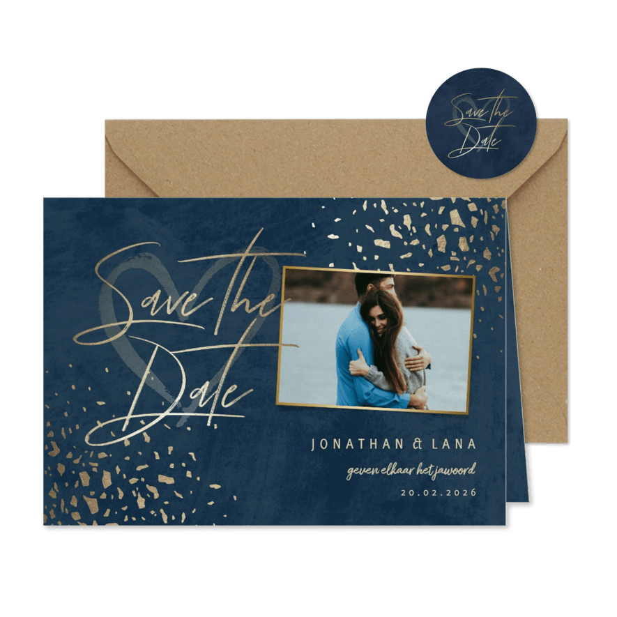 Save the date kaart foto donkerblauw met terrazzo patroon - Kaartimpressie