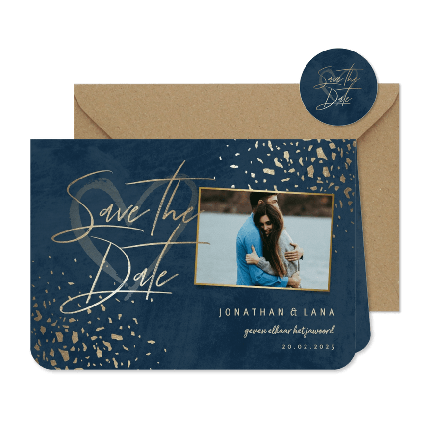 Save the date kaart foto donkerblauw met terrazzo patroon - Kaartimpressie