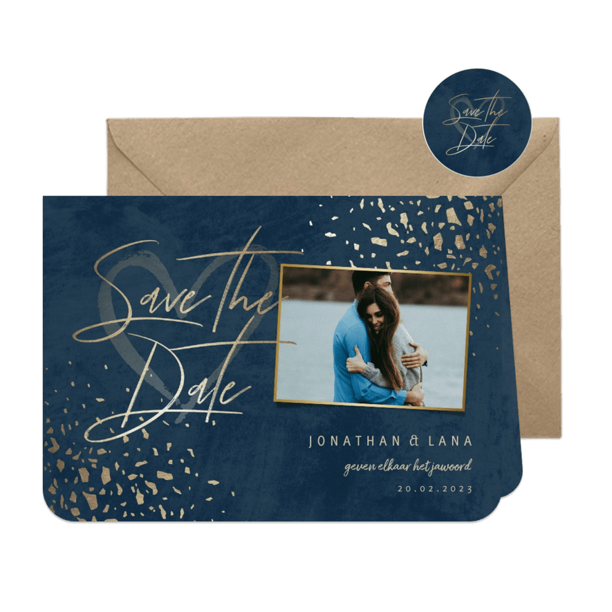 Save the date kaart foto donkerblauw met terrazzo patroon - Kaartimpressie