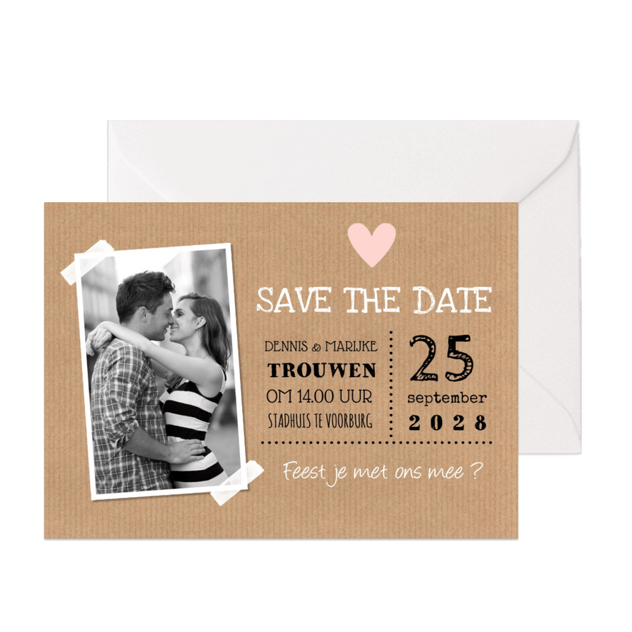 Save the Date kaart foto kraft hartje - Kaartimpressie