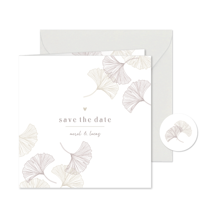 Save the Date kaart ginkgo puur - Kaartimpressie
