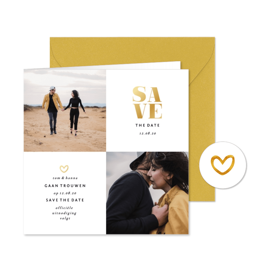 Save the date kaart gouden accenten met foto's vierkant - Kaartimpressie