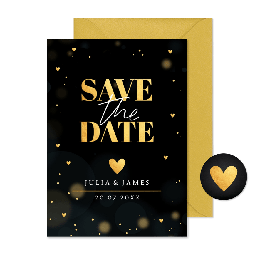 Save the Date kaart goudlook zwart hartjes typografie - Kaartimpressie