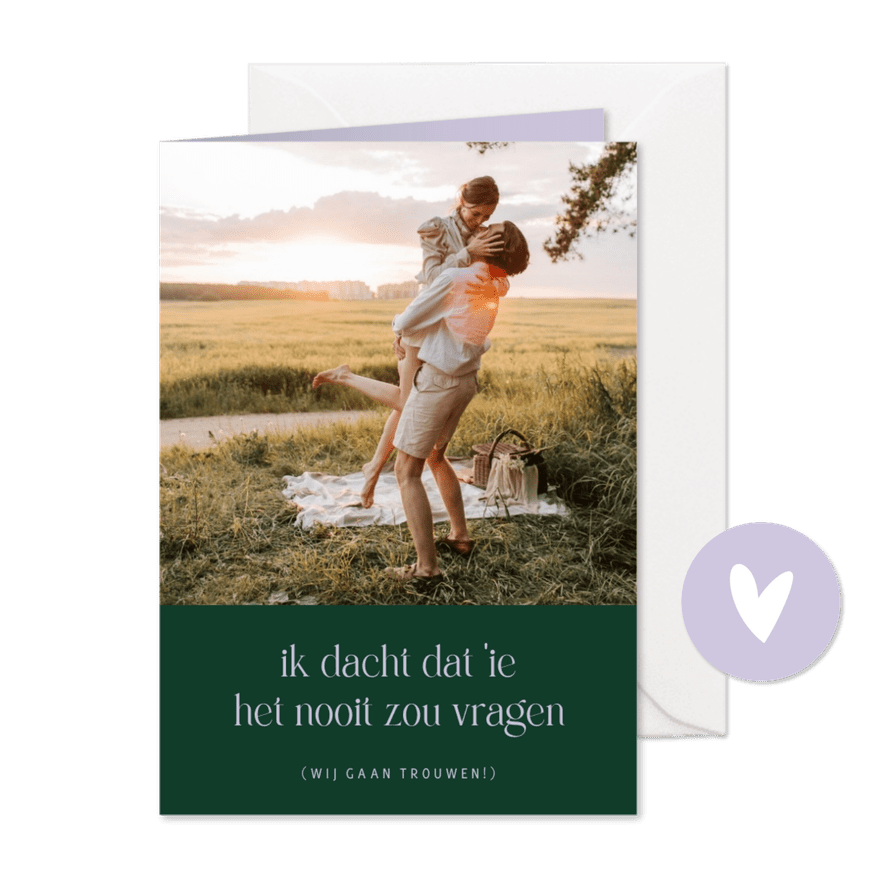 Save the date kaart grappig colorblocking met foto en groen - Kaartimpressie