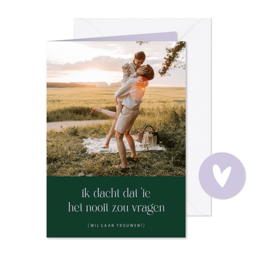 Save the date kaart grappig colorblocking met foto en groen - Kaartimpressie