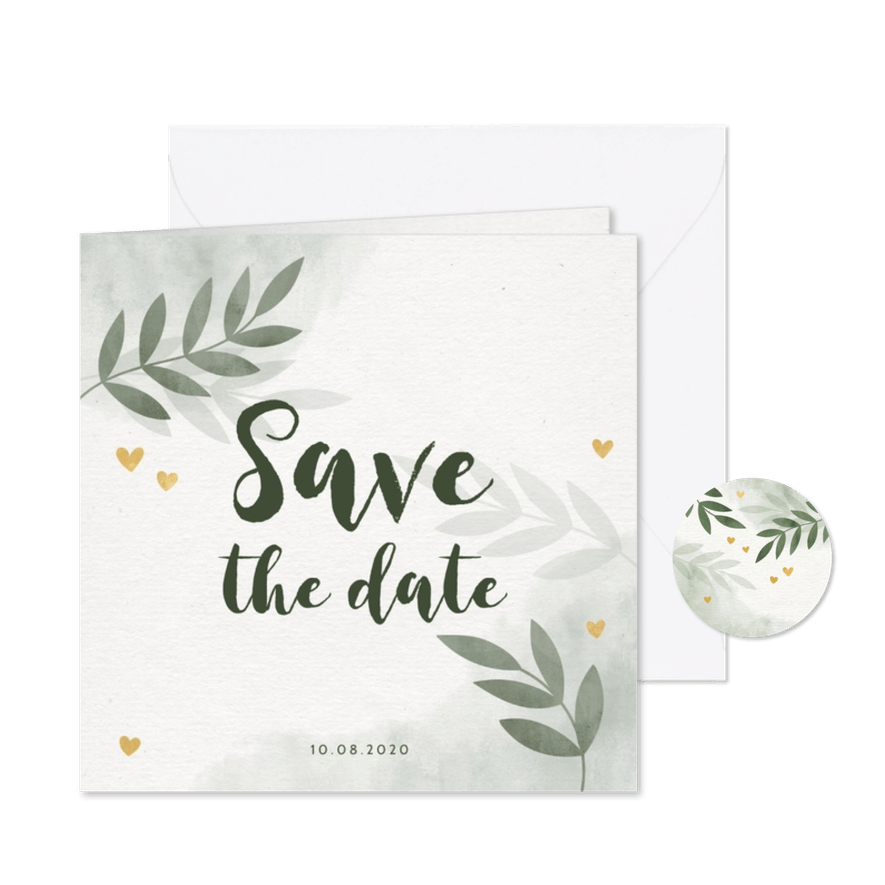 Save the date kaart groen waterverf takjes gouden hartjes - Kaartimpressie