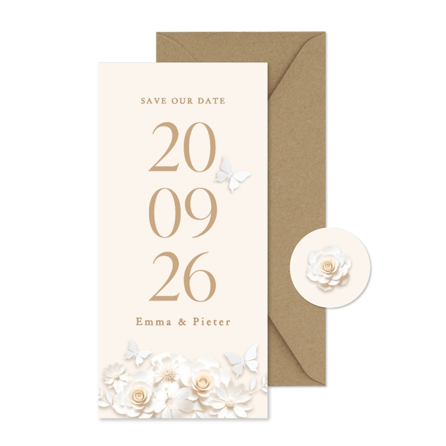 Save the date kaart grote datum met stijlvolle witte bloemen - Kaartimpressie