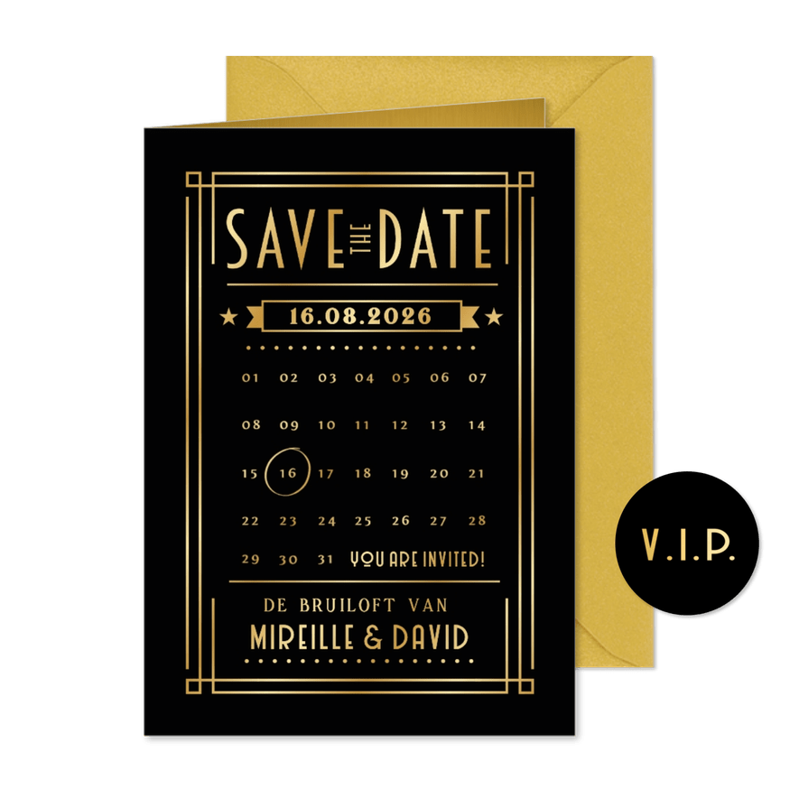 Save the Date kaart in retro poster stijl met goudfolie - Kaartimpressie