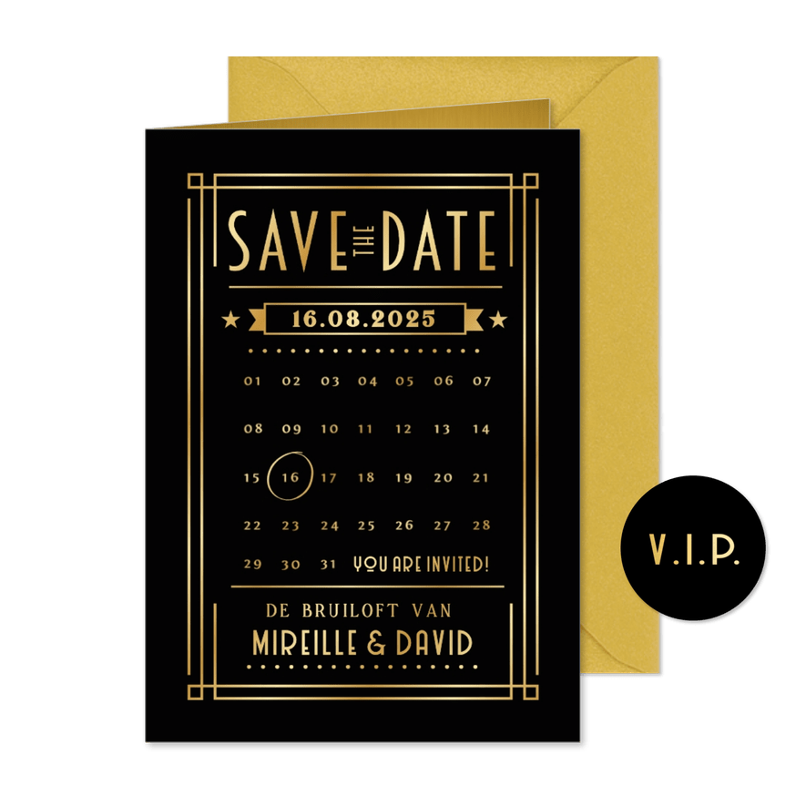 Save the Date kaart in retro poster stijl met goudfolie - Kaartimpressie