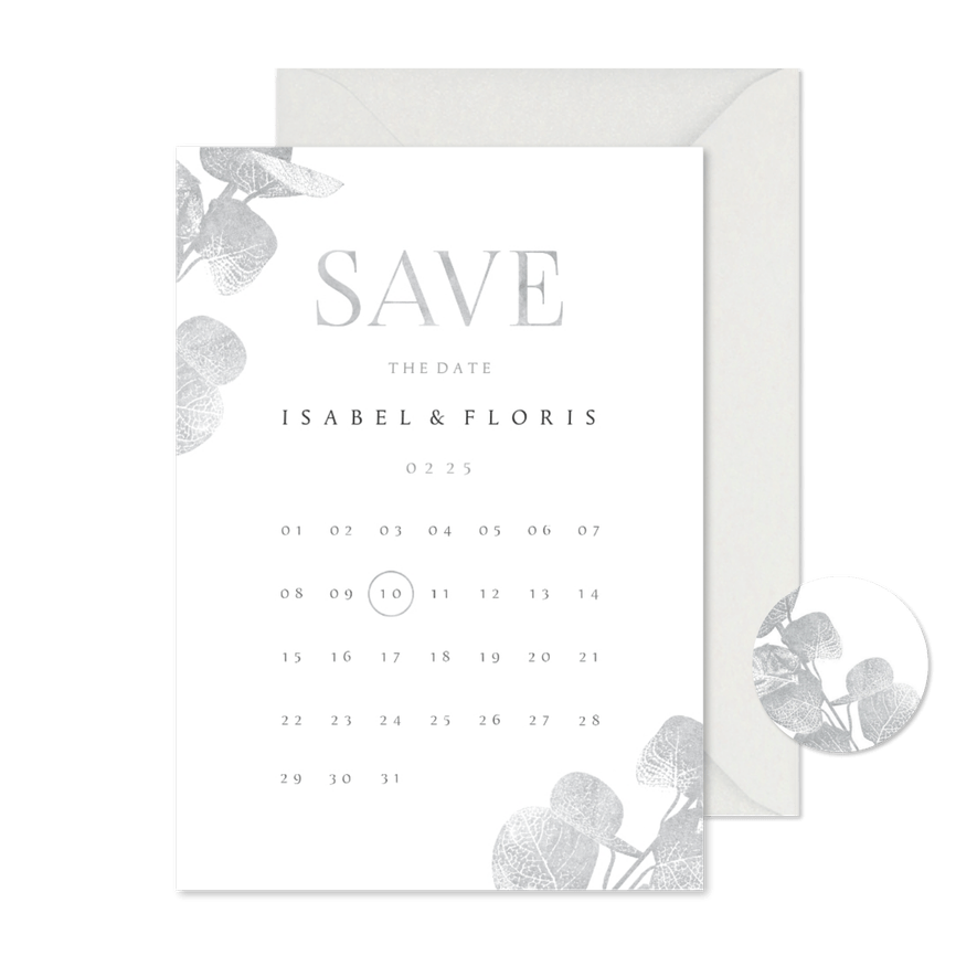 Save the date kaart kalender eucalyptustak in zilverlook - Kaartimpressie
