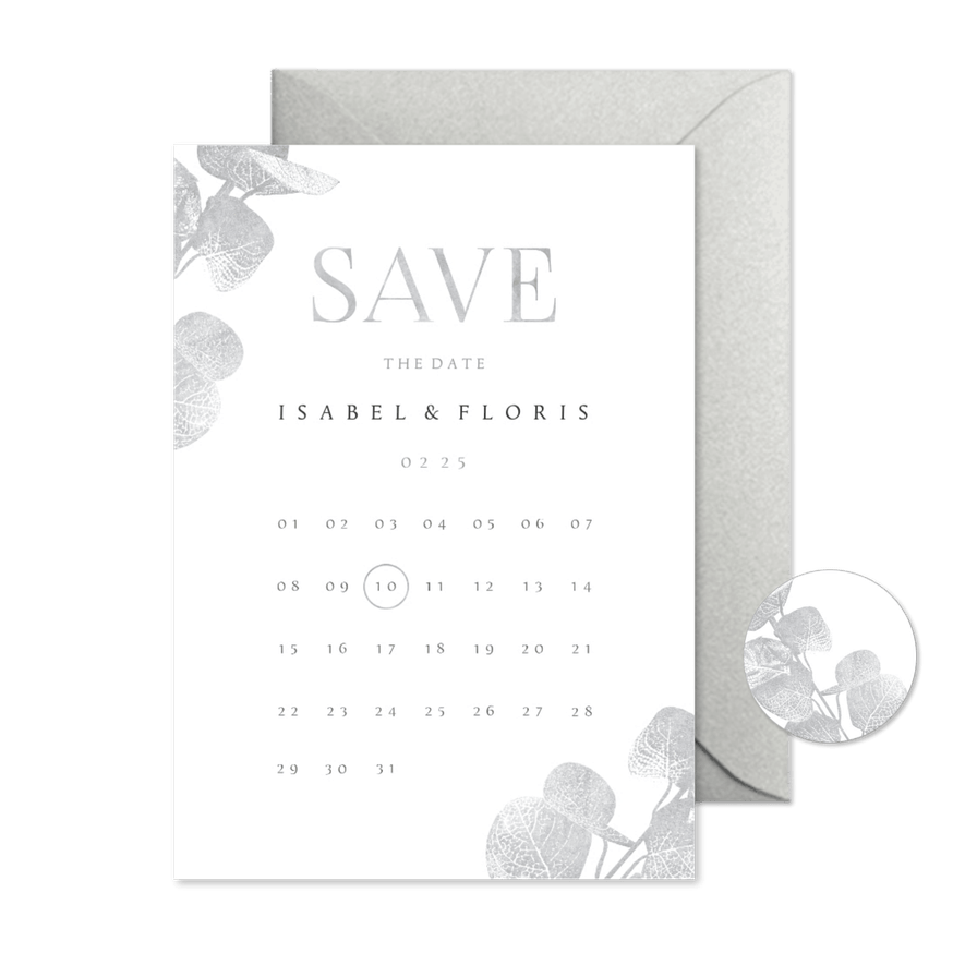 Save the date kaart kalender eucalyptustak in zilverlook - Kaartimpressie