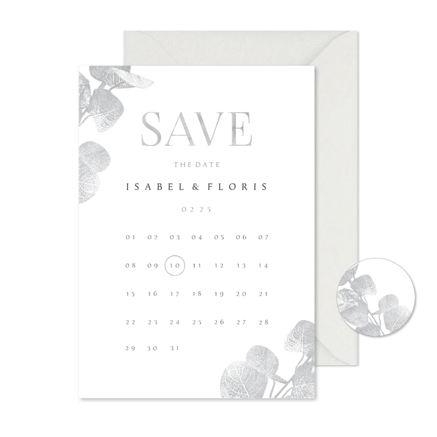Save the date kaart kalender eucalyptustak in zilverlook - Kaartimpressie