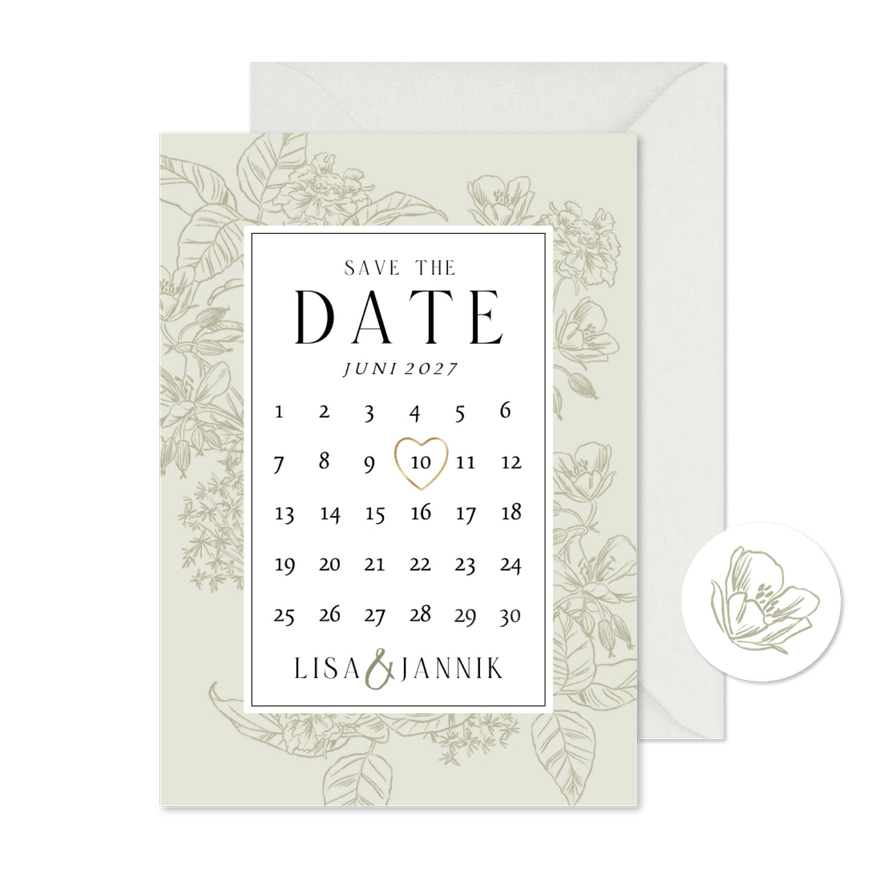 Save the date kaart klassiek kalender botanisch hart goud - Kaartimpressie