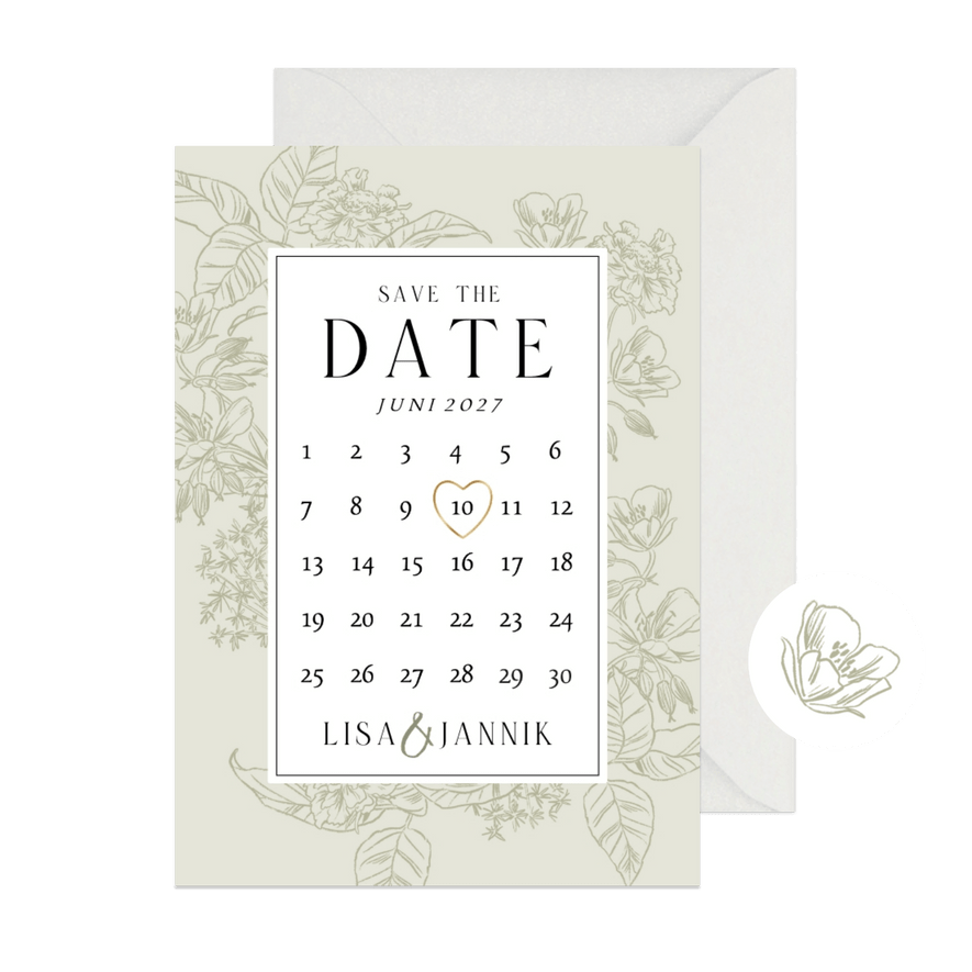 Save the date kaart klassiek kalender botanisch hart goud - Kaartimpressie