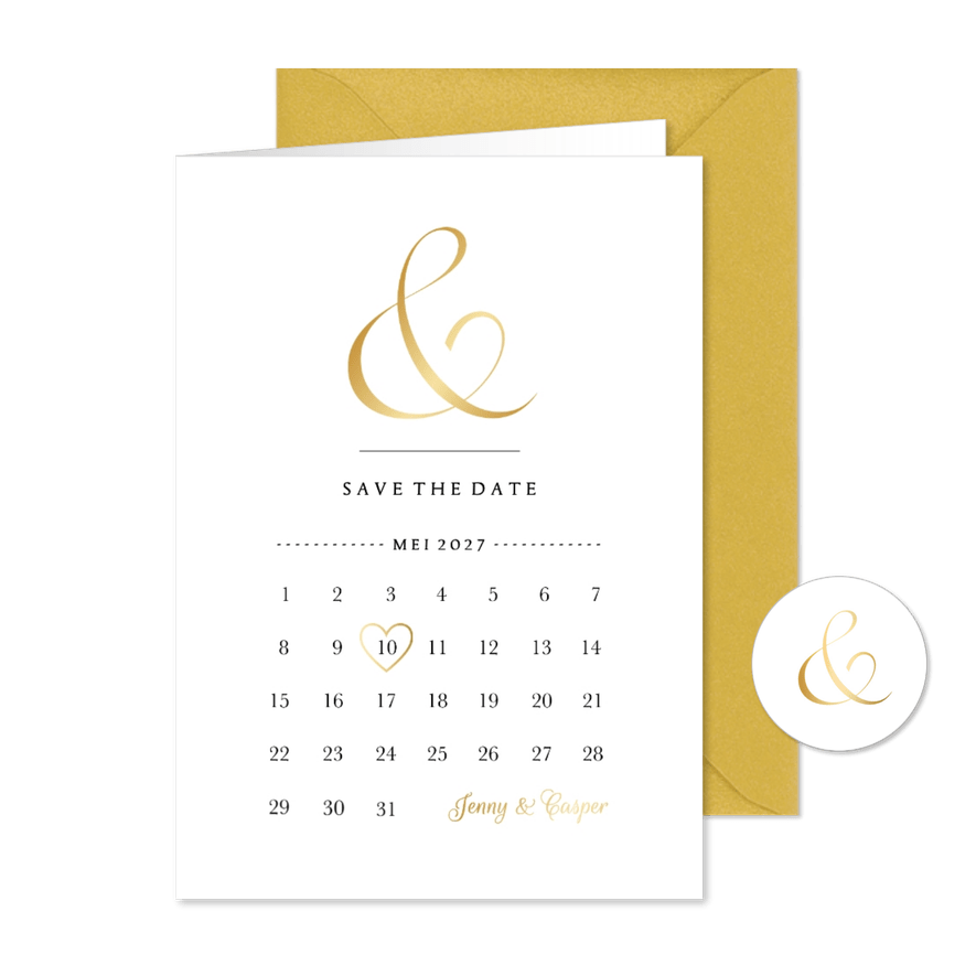 Save the Date kaart klassiek kalender goudfolie - Kaartimpressie