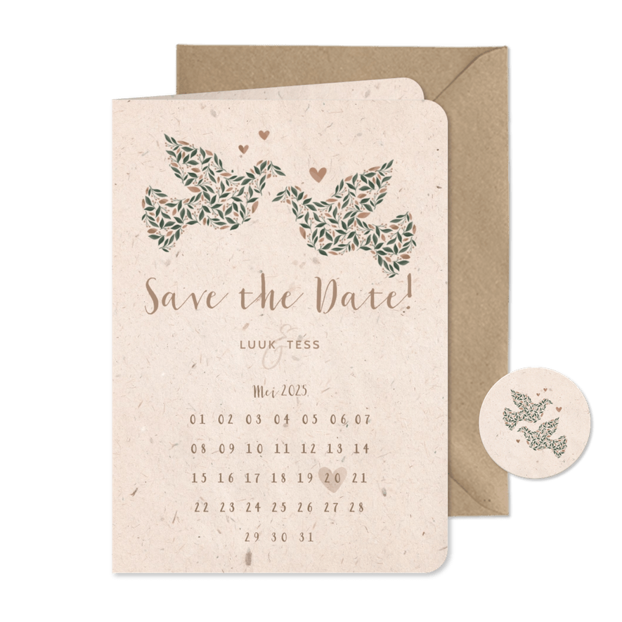 Save the Date kaart kraftlook met duiven van bloemen - Kaartimpressie