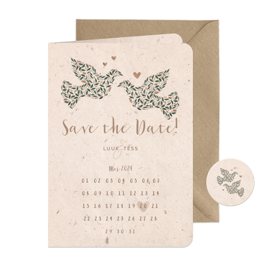 Save the Date kaart kraftlook met duiven van bloemen - Kaartimpressie