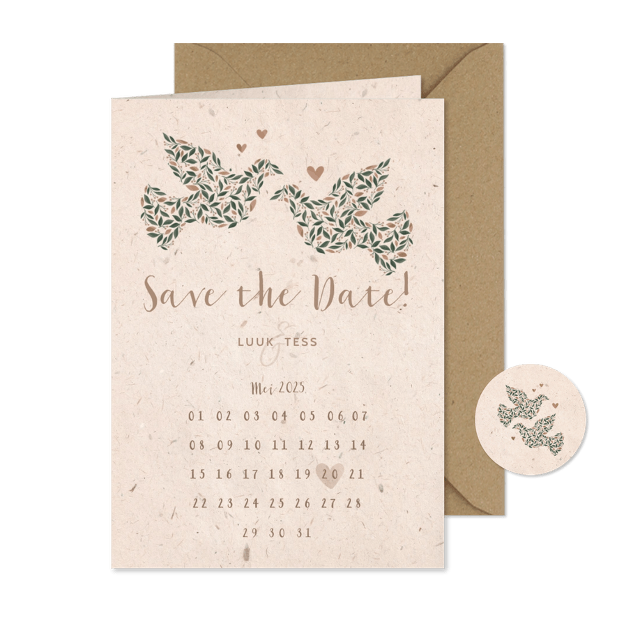 Save the Date kaart kraftlook met duiven van bloemen - Kaartimpressie