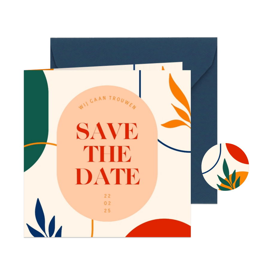 Save the date kaart kunstig met abstracte vormen - Kaartimpressie