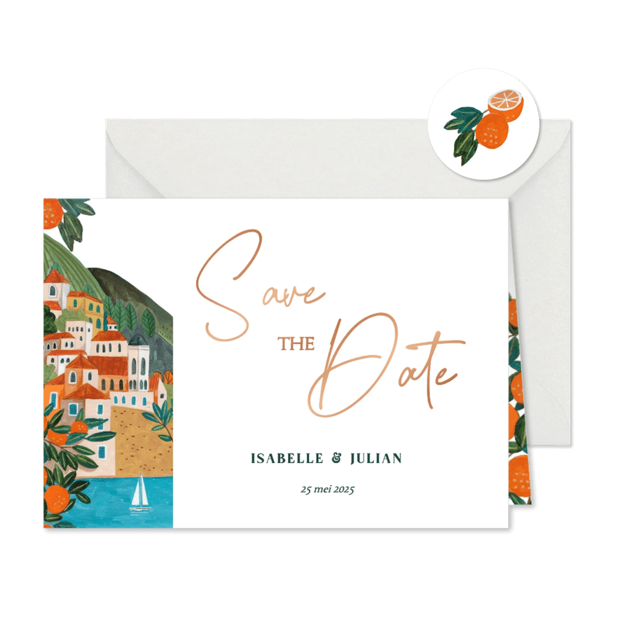 Save the Date kaart mediterraanse bruiloft zomer - Kaartimpressie