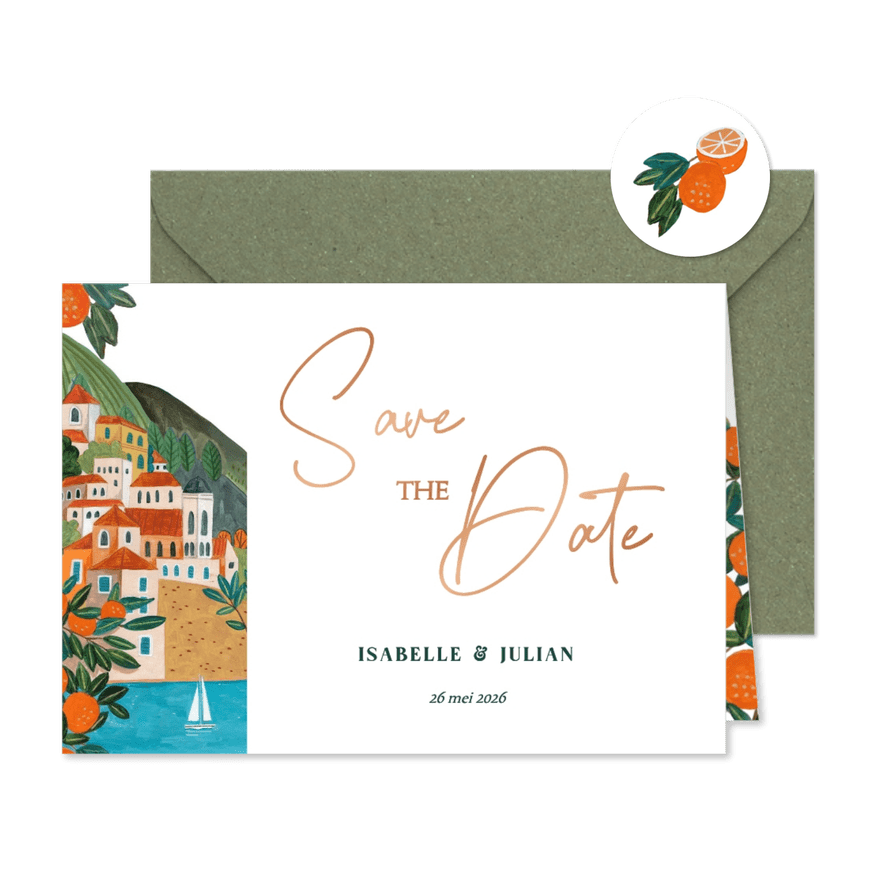 Save the Date kaart mediterraanse bruiloft zomer - Kaartimpressie