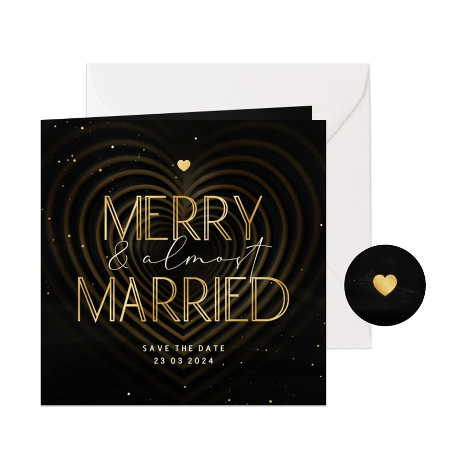 Save the date kaart Merry & Married met hart op achtergrond - Kaartimpressie