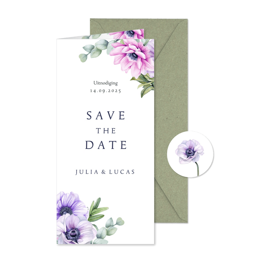 Save the date kaart met anemoontjes eucalyptus  - Kaartimpressie