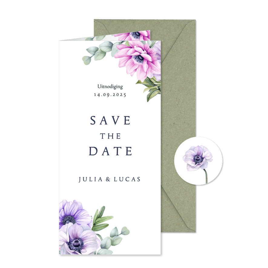 Save the date kaart met anemoontjes eucalyptus - Kaartimpressie