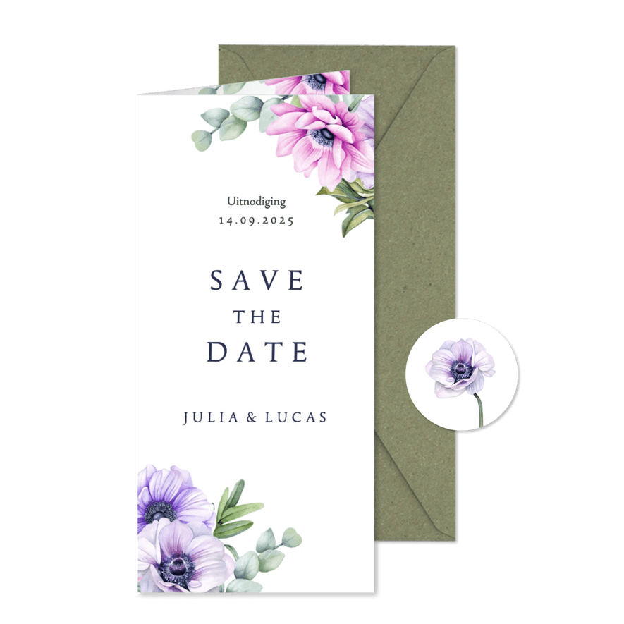 Save the date kaart met anemoontjes eucalyptus - Kaartimpressie