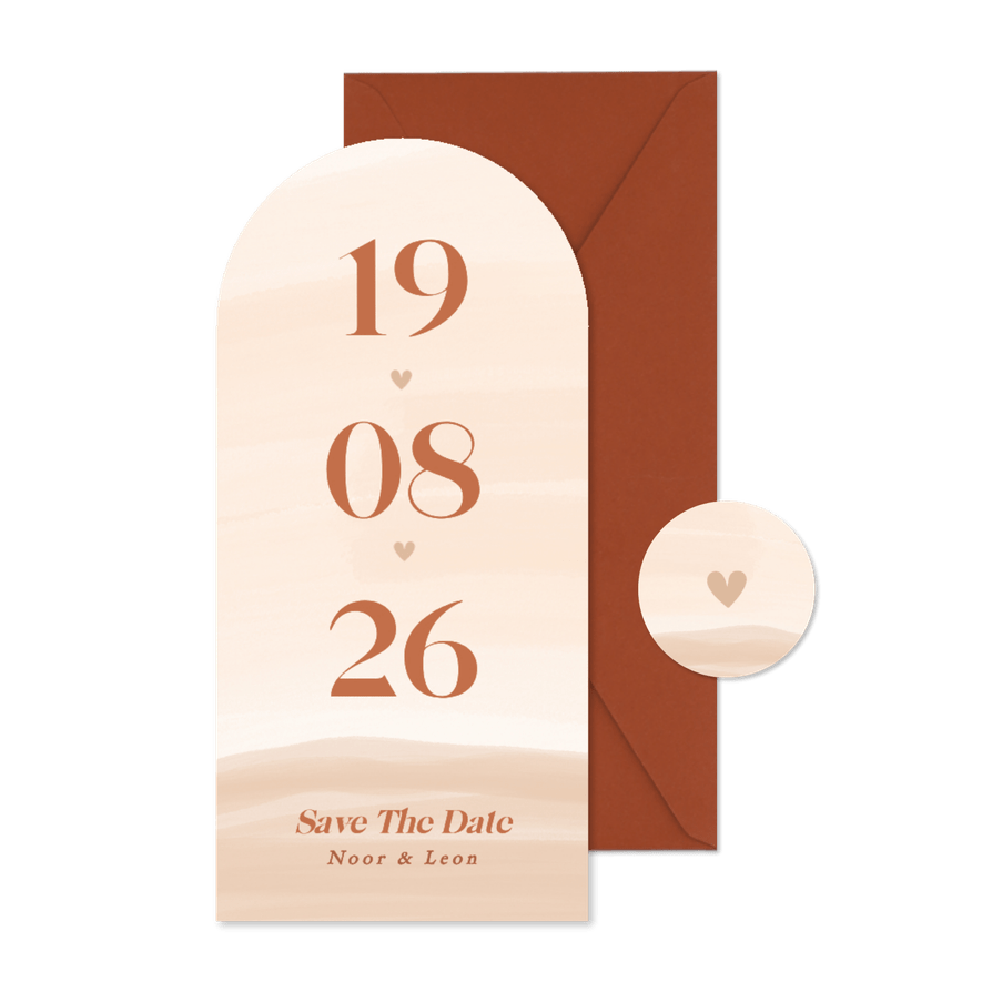 Save the date kaart met beige waterverf in boog vorm - Kaartimpressie